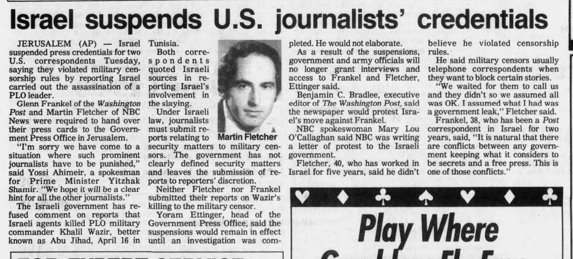 Israel suspends U.S. journalists’ credentials &mdash; Fort Lauderdale News, 26 April 1988
