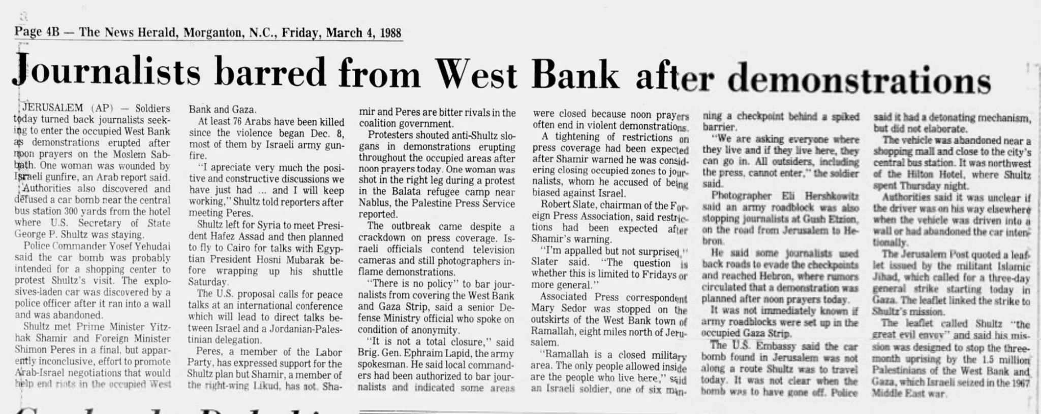 Journalists barred from West Bank after demonstrations &mdash; The News Herald, 4 March 1988