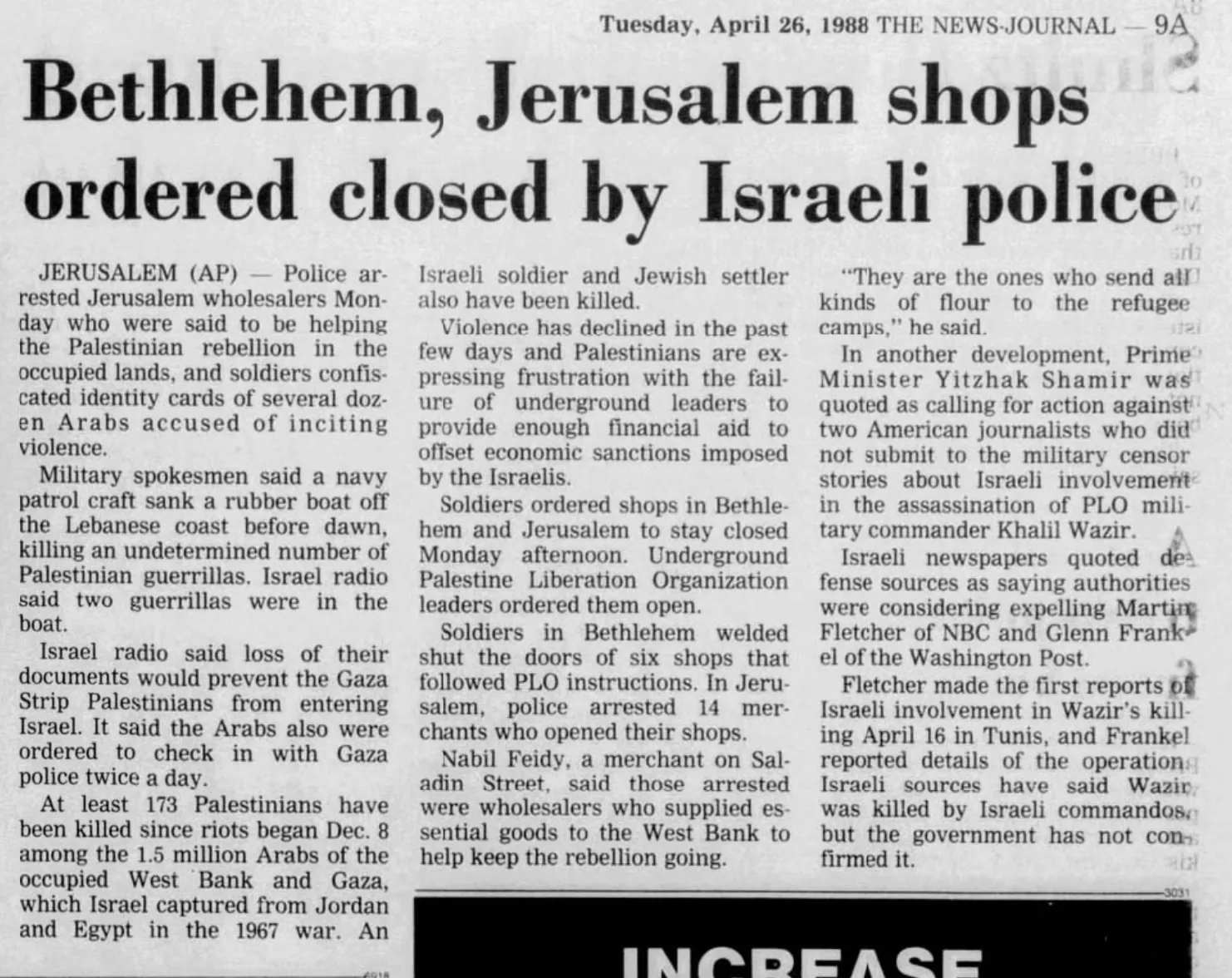 Bethlehem, Jerusalem shops ordered closed by Israeli police &mdash; The News Journal, 26 April 1988