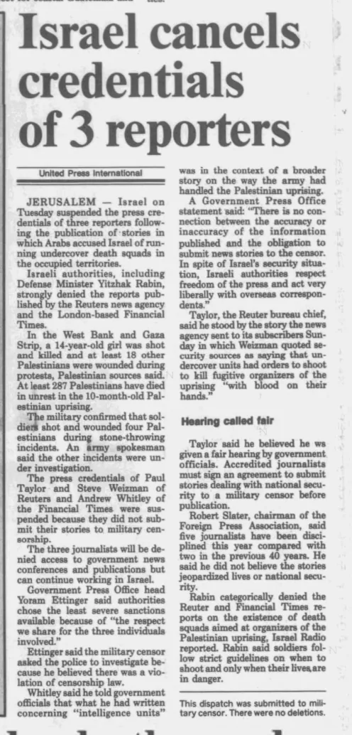 Israel cancels credentials of 3 reporters — The Record, 26 October 1988