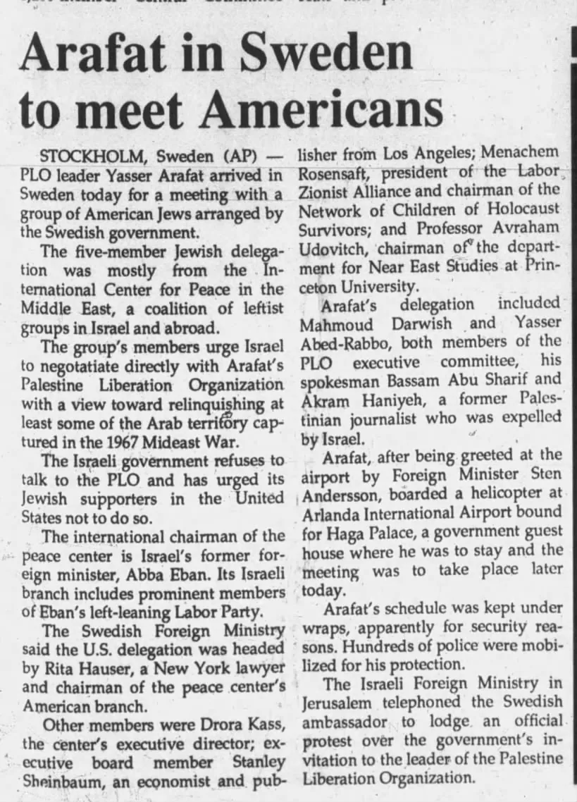 Arafat in Sweden to meet Americans — Edwardsville Intelligencer, 6 December 1988
