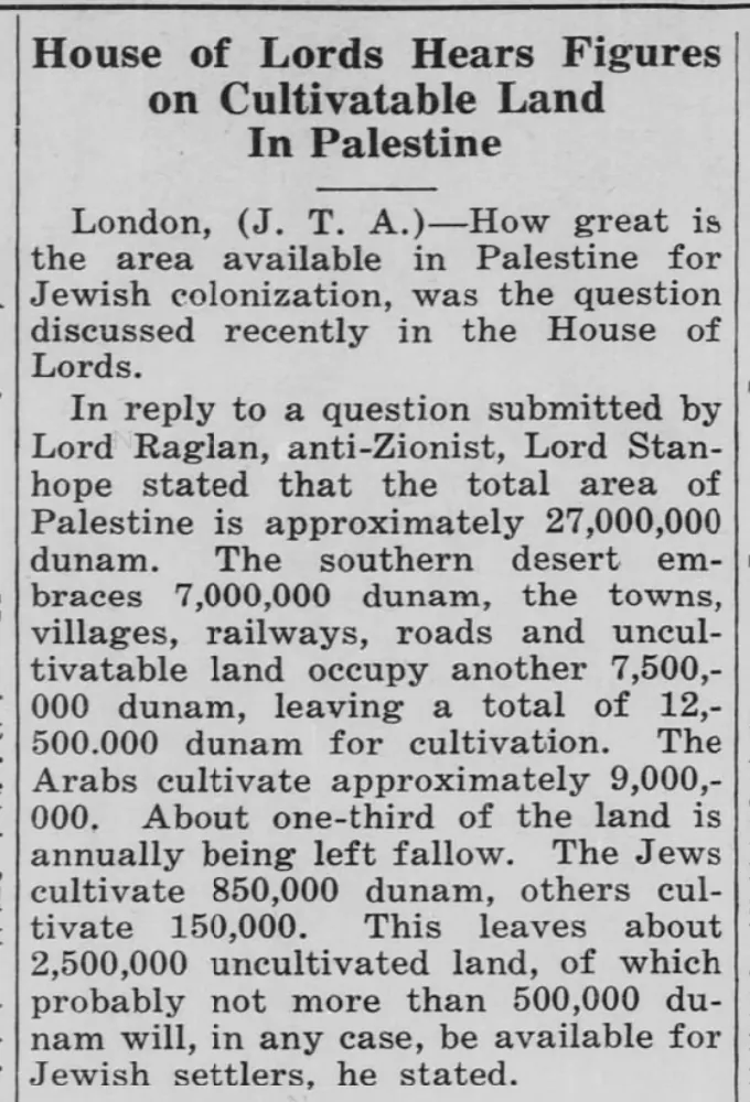 House of Lords Hears Figures on Cultivatable Land In Palestine &mdash; Wisconsin Jewish Chronicle