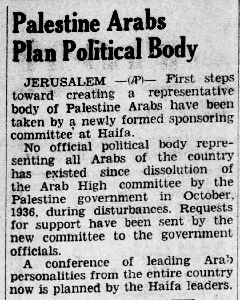 Palestine Arabs Plan Political Body &mdash; Peninsula Daily News