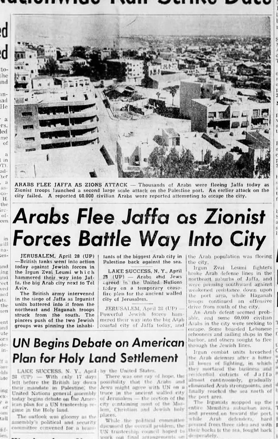 Arabs Flee Jaffa as Zionist Forces Battle Way Into City — The Observer, 28 April 1948
