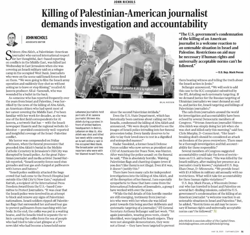 Killing of Palestinian-American journalist demands investigation and accountability — The Capital Times, 18 May 2022