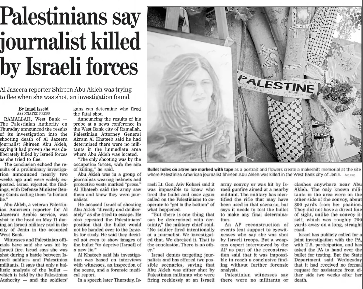 Palestinians say journalist killed by Israeli forces — The Philadelphia Inquirer, 27 May 2022