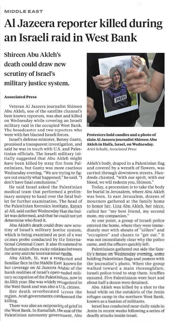 Al Jazeera reporter killed during an Israeli raid in West Bank &mdash; The Star-Ledger