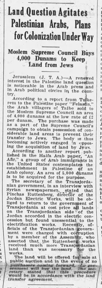 Land Question Agitates Palestinian Arabs, Plans for Colonization Under Way — Buffalo Jewish Review, 19 July 1929