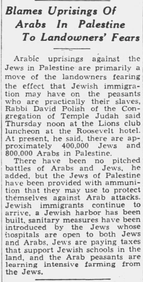 Blames Uprisings Of Arabs In Palestine To Landowners’ Fears — The Gazette, 8 October 1936