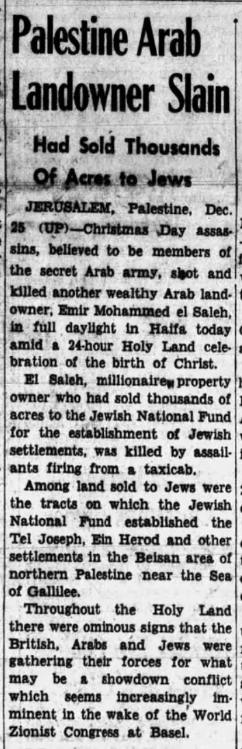 Palestine Arab Landowner Slain — Times Herald, 26 December 1946