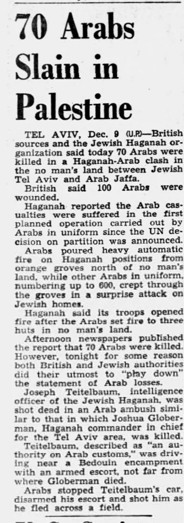 70 Arabs Slain in Palestine — Great Falls Tribune, 10 December 1947