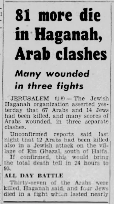 81 more die in Haganah, Arab clashes — The Star-Ledger, 15 March 1948