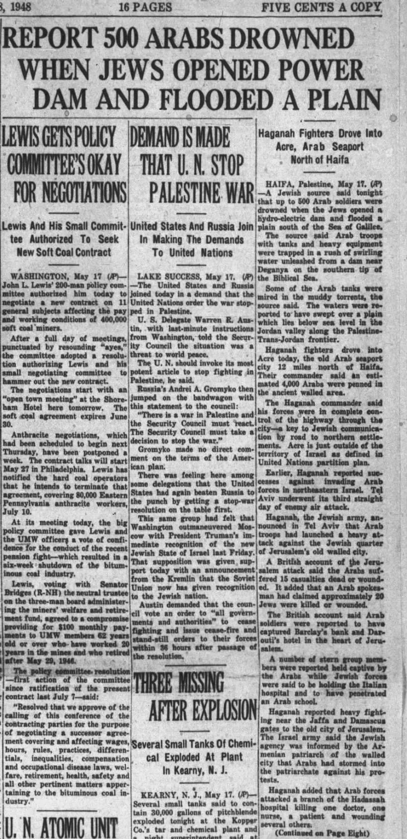 Report 500 Arabs Drowned When Jews Opened Power Dam And Flooded A Plain — Standard Speaker, 18 May 1948