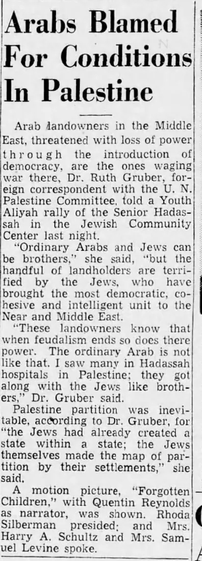 Arabs Blamed For Conditions In Palestine — Harrisburg Telegraph, 7 January 1948