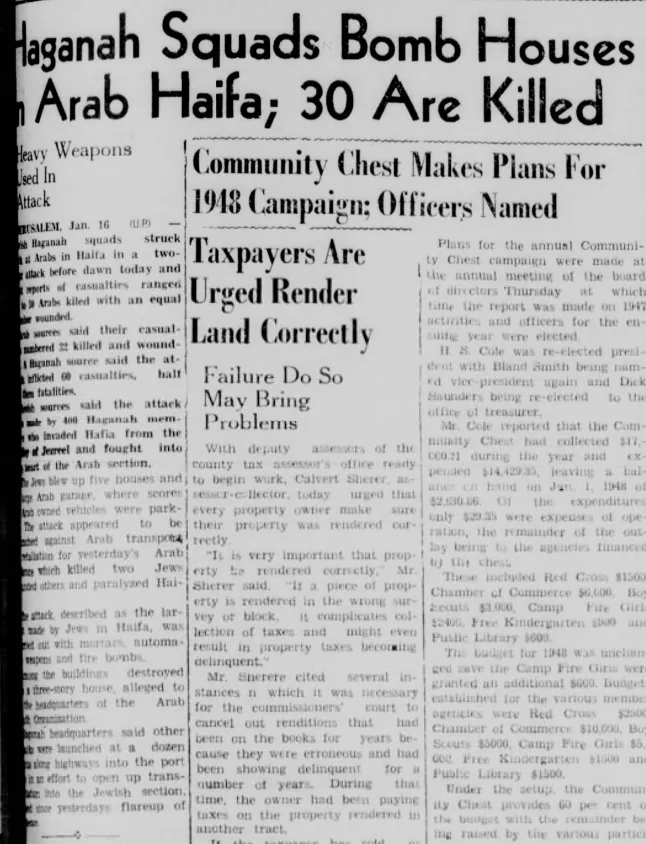 Haganah Squads Bomb Houses in Arab Haifa; 30 Are Killed — Bonham Daily Favorite, 16 January 1948