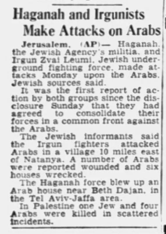 Haganah and Irgunists Make Attacks on Arabs — The Morning Call, 9 March 1948