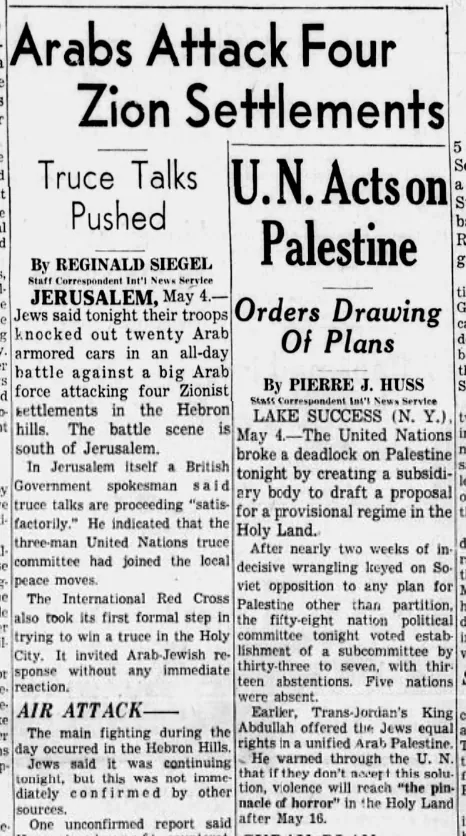 Arabs Attack Four Zion Settlements — San Francisco Examiner, 5 May 1948