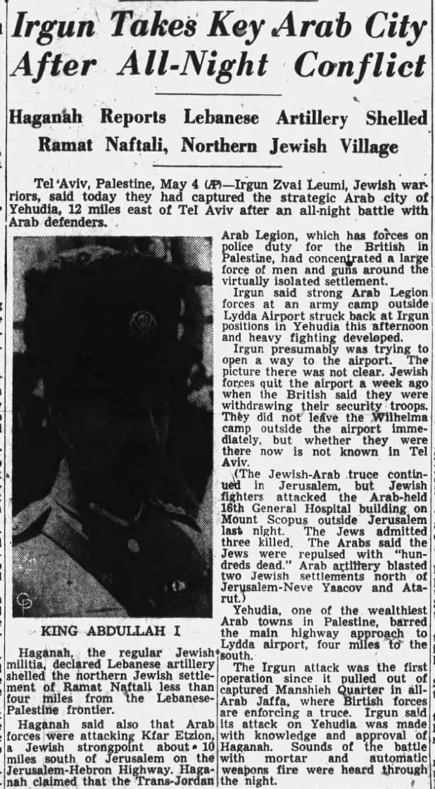 Irgun Takes Key Arab City After All-Night Conflict — The Times Leader, 5 May 1948