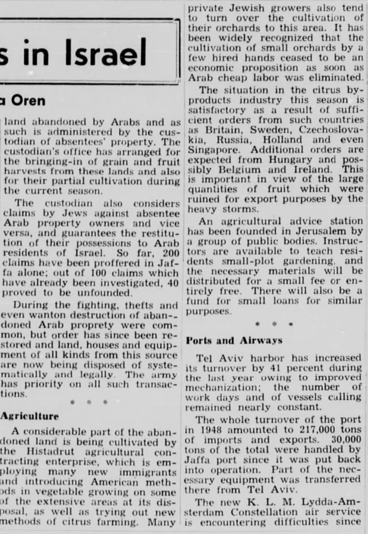 Absentees’ Property — Wisconsin Jewish Chronicle, 13 May 1949