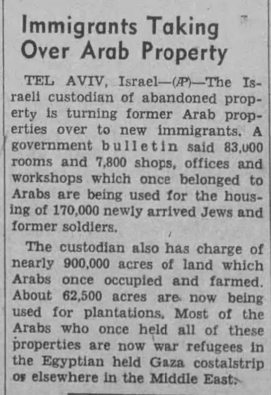 Immigrants Taking Over Arab Property — Enid Morning News, 8 September 1950