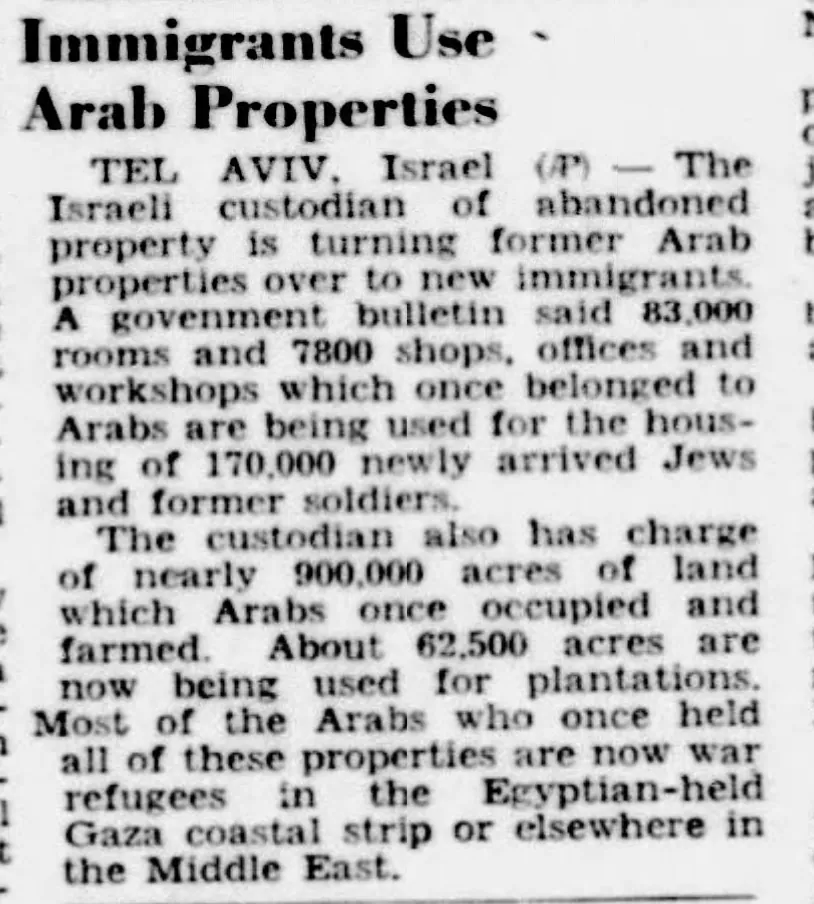 Immigrants Use Arab Properties — Press of Atlantic City, 20 August 1950