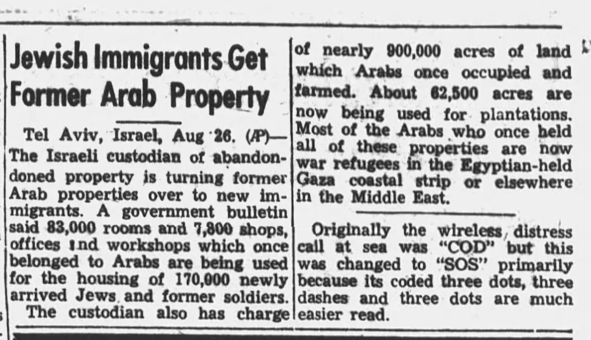 Jewish Immigrants Get Former Arab Property — Star Herald, 27 August 1950