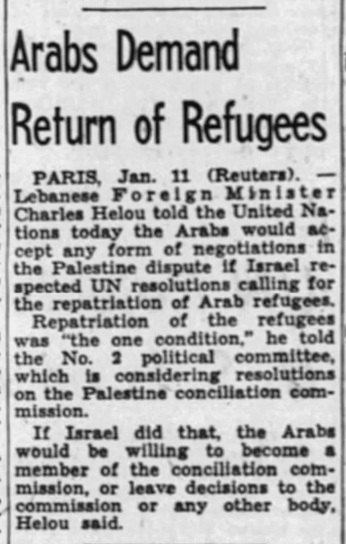 Arabs Demand Return of Refugees — St. Louis Globe-Democrat, 12 January 1952