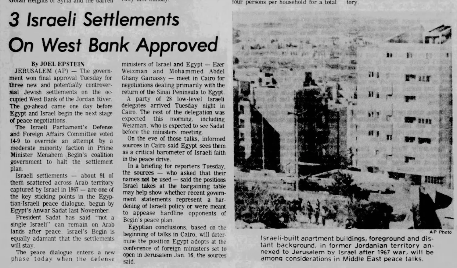 3 Israeli Settlements On West Bank Approved — Los Angeles Herald Examiner, 11 January 1978