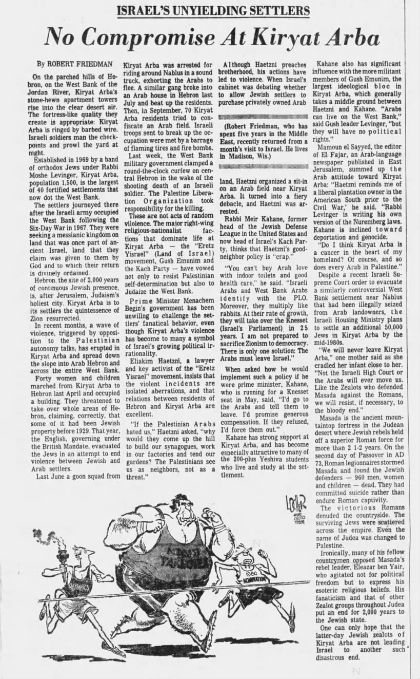 No Compromise At Kiryat Arba — Sarasota Herald-Tribune, 12 February 1980