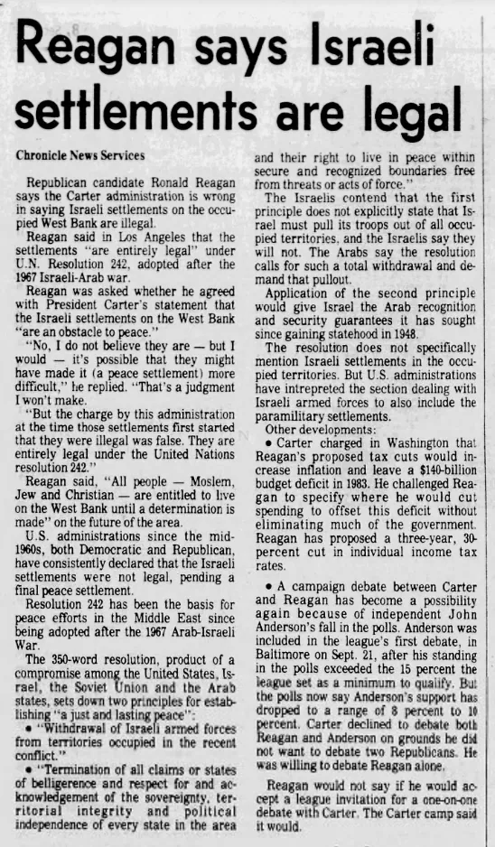 Reagan says Israeli settlements are legal — Houston Chronicle, 15 October 1980