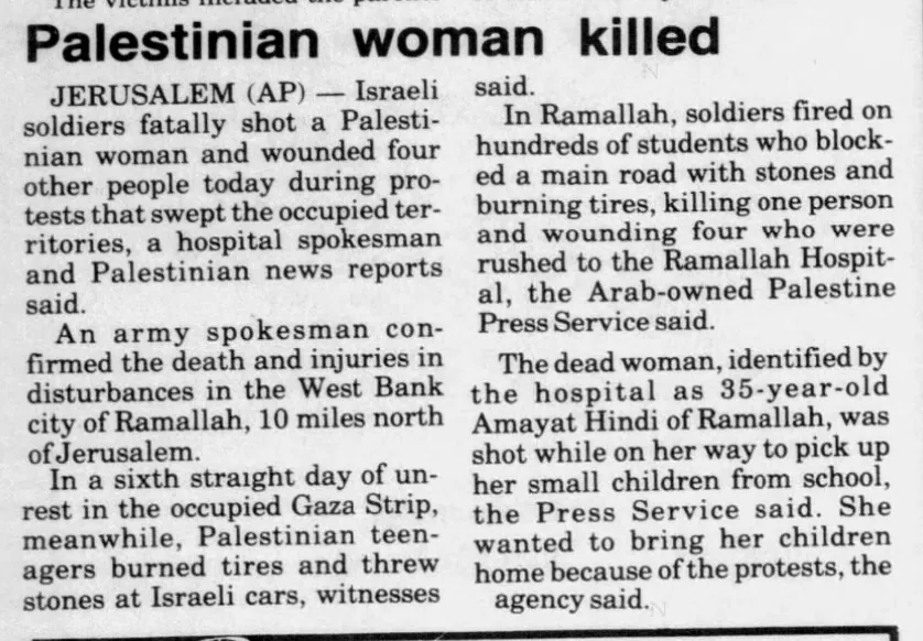 Palestinian woman killed — Midland Daily News, 12 October 1987
