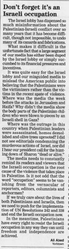 Don’t forget it’s an Israeli occupation — The Daily Press, 1 January 2002