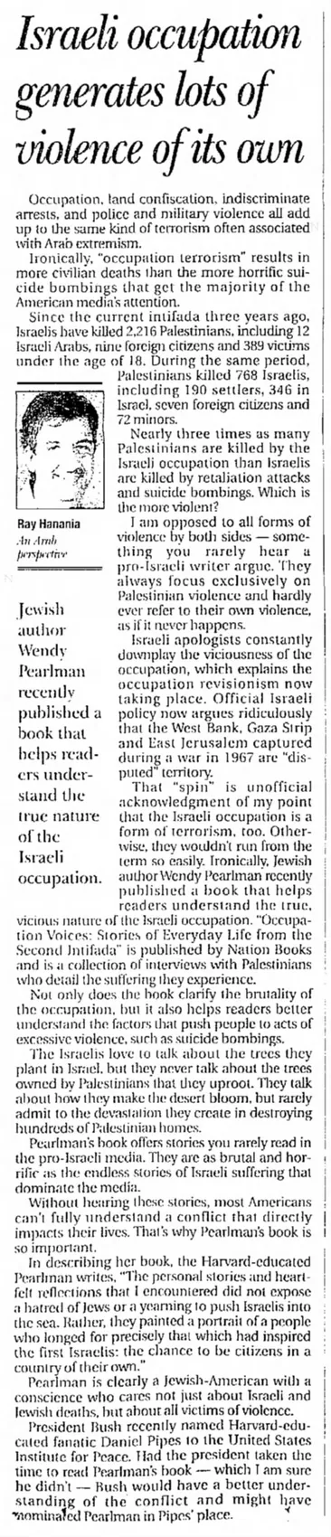 Israeli occupation generates lots of violence of its own — Daily Herald, 1 September 2003