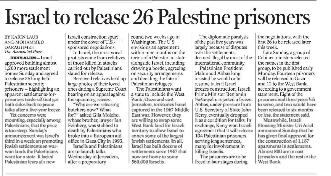 Israel to release 26 Palestine prisoners — The News Tribune, 12 August 2013