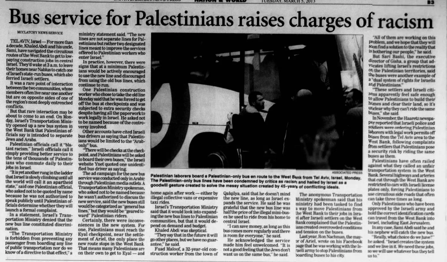 Bus service for Palestinians raises charges of racism — Santa Barbara News-Press, 5 March 2013