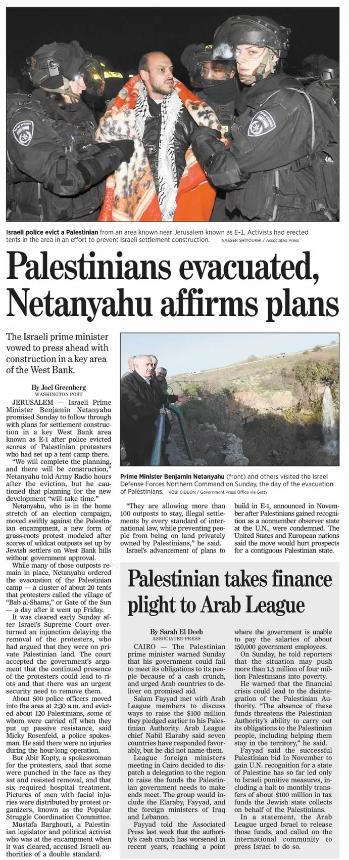 Palestinians evacuated, Netanyahu affirms plans — The Philadelphia Inquirer, 14 January 2013