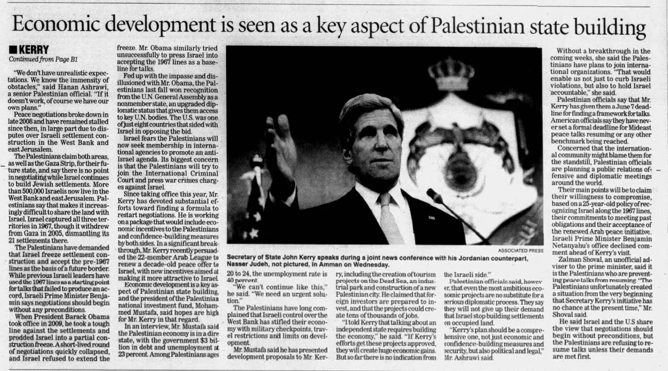 Economic development is seen as a key aspect of Palestinian state building — Santa Barbara News-Press, 23 May 2013