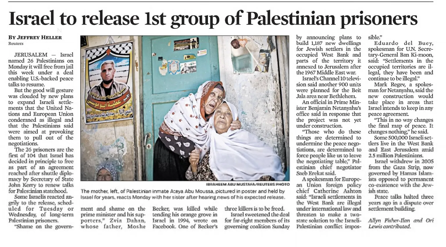 Israel to release 1st group of Palestinian prisoners — Chicago Tribune, 13 August 2013