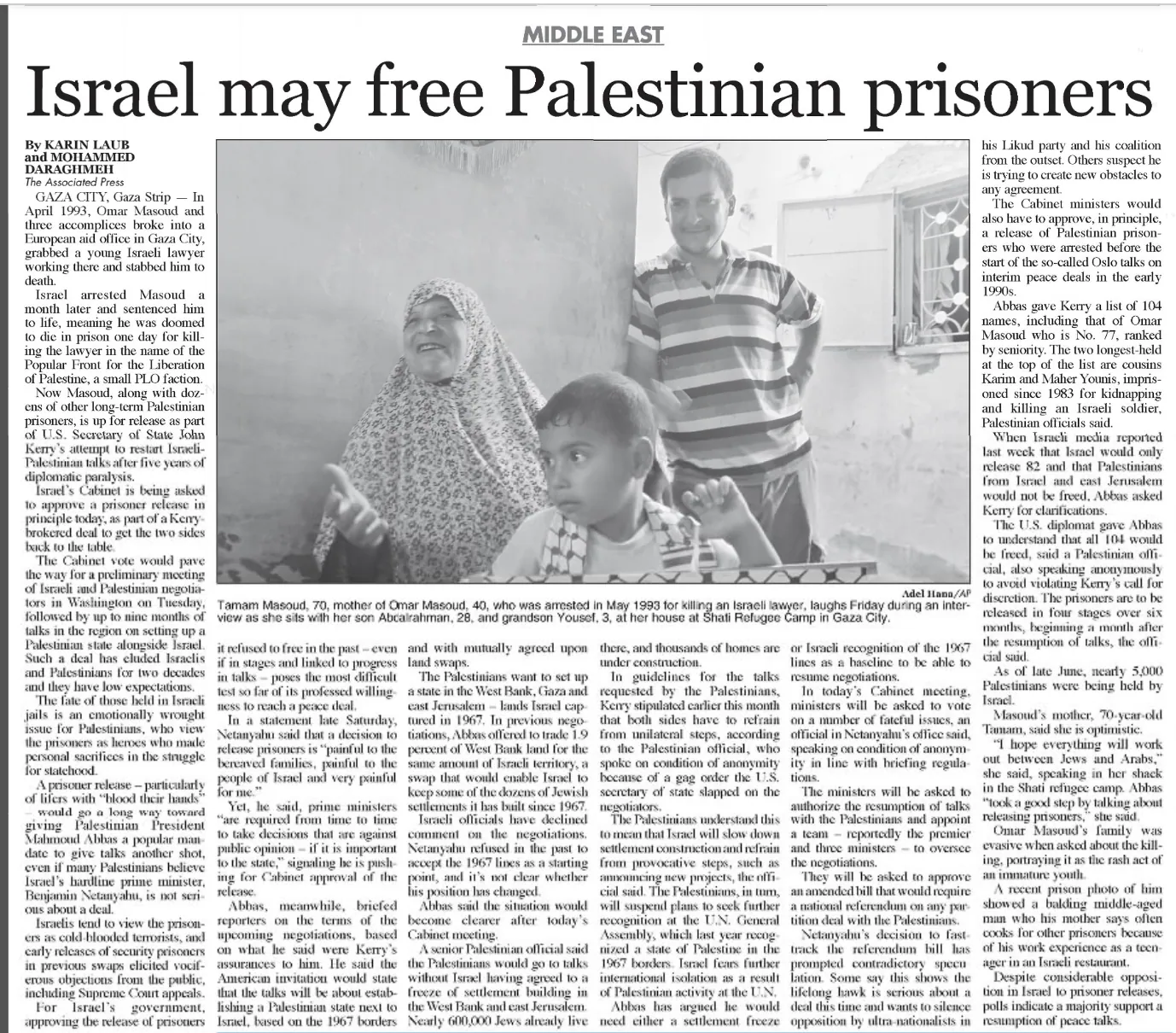 Israel may free Palestinian prisoners — Park City Daily News, 28 July 2013