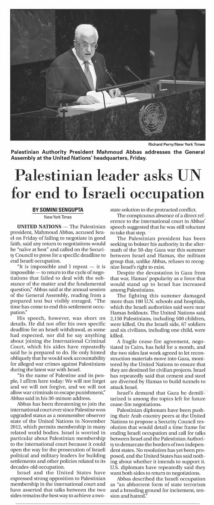 Palestinian leader asks UN for end to Israeli occupation — The Anniston Star, 27 September 2014