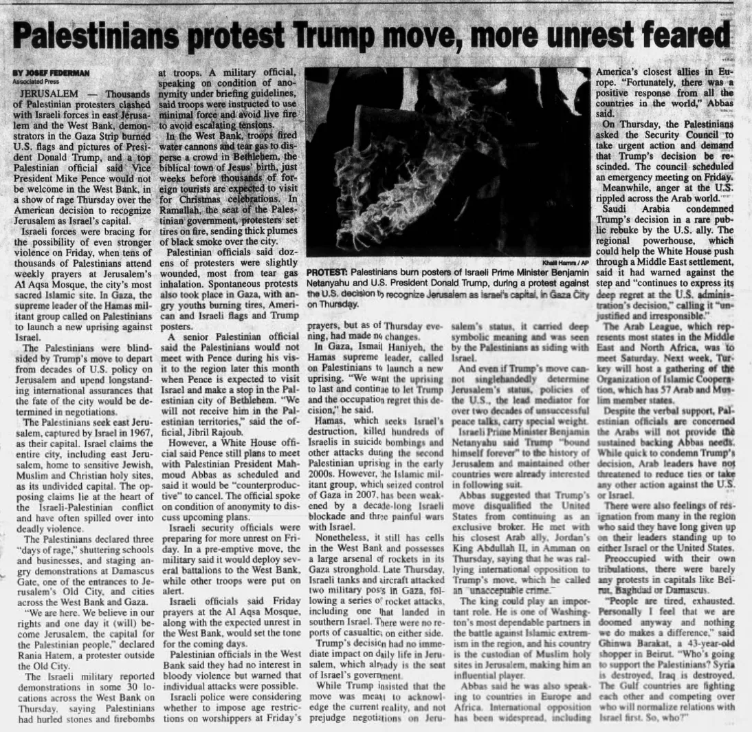 Palestinians protest Trump move, more unrest feared — Chronicle-Tribune, 8 December 2017