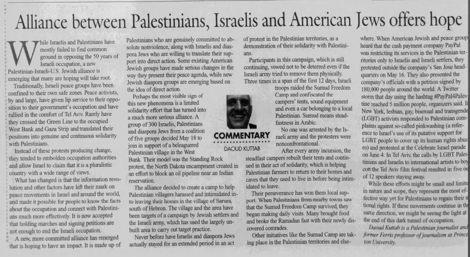 Alliance between Palestinians, Israelis and American Jews offers hope — The Patriot Ledger, 14 June 2017