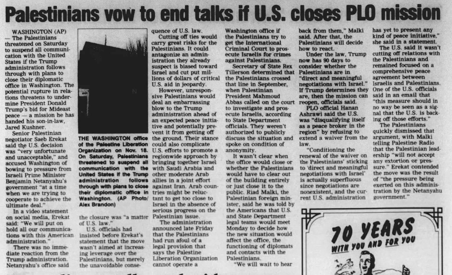 Palestinians vow to end talks if U.S. closes PLO mission — The Daily Inter Lake, 19 November 2017