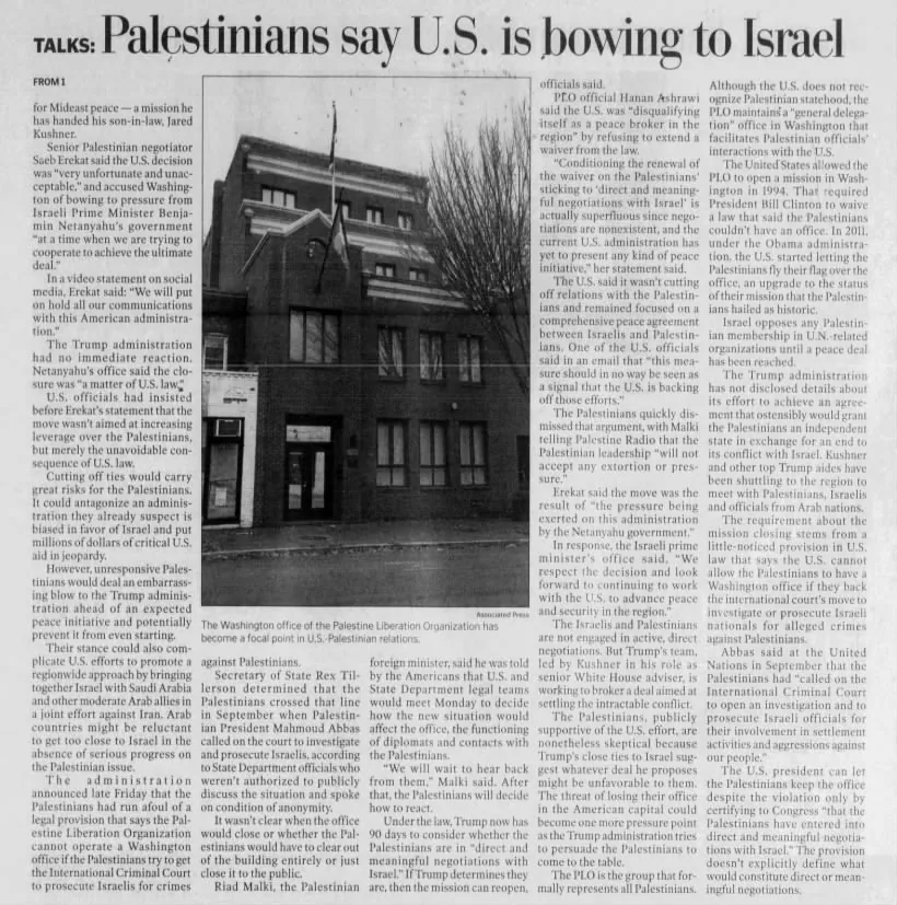 Palestinians say U.S. is bowing to Israel — Roanoke Times, 19 November 2017