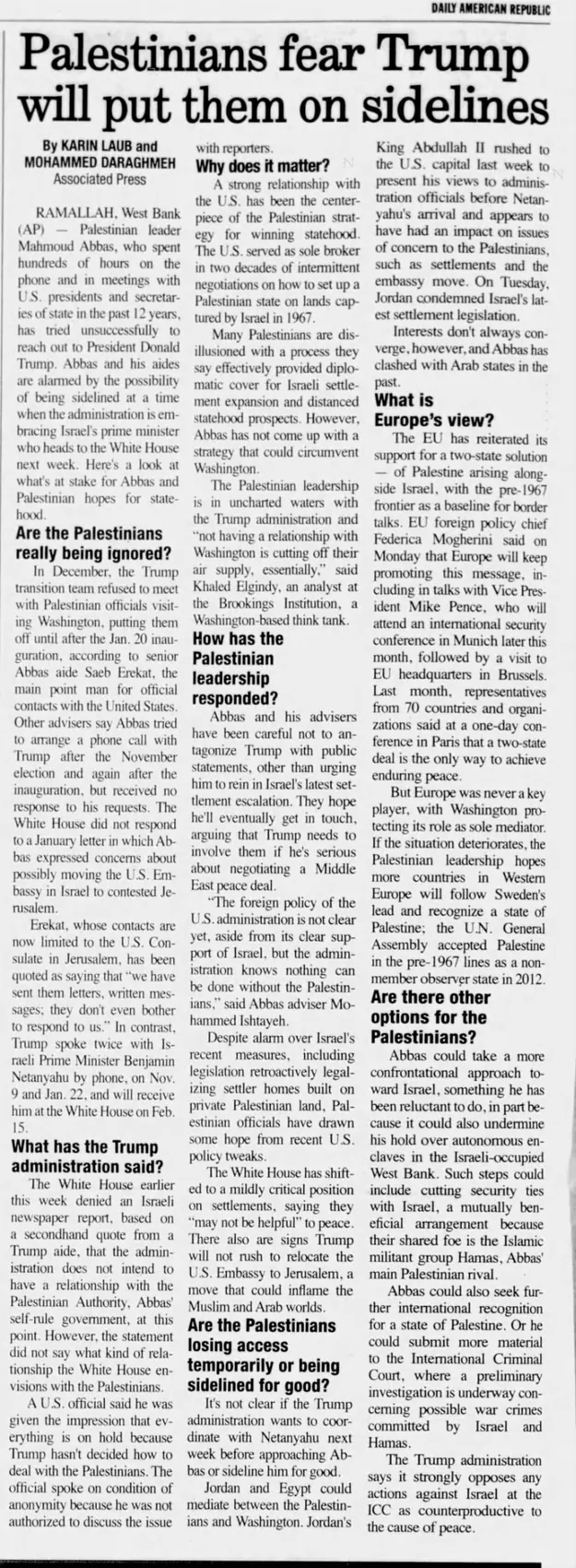 Palestinians fear Trump will put them on sidelines — Daily American Republic, 8 February 2017