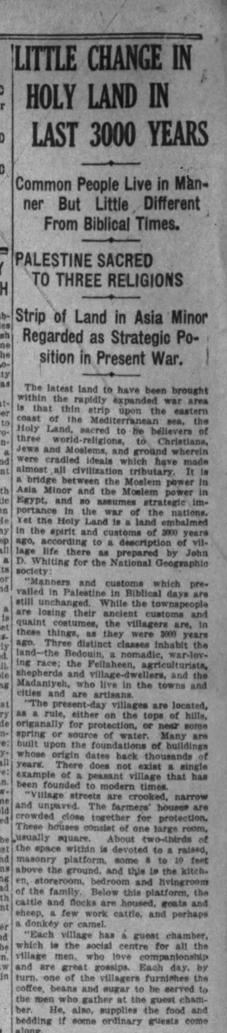 LITTLE CHANGE IN HOLY LAND IN LAST 3000 YEARS &mdash; The Daily Item, 7 January 1915