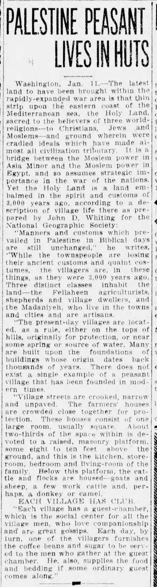 PALESTINE PEASANT LIVES IN HUTS &mdash; Roanoke Times, 13 January 1915