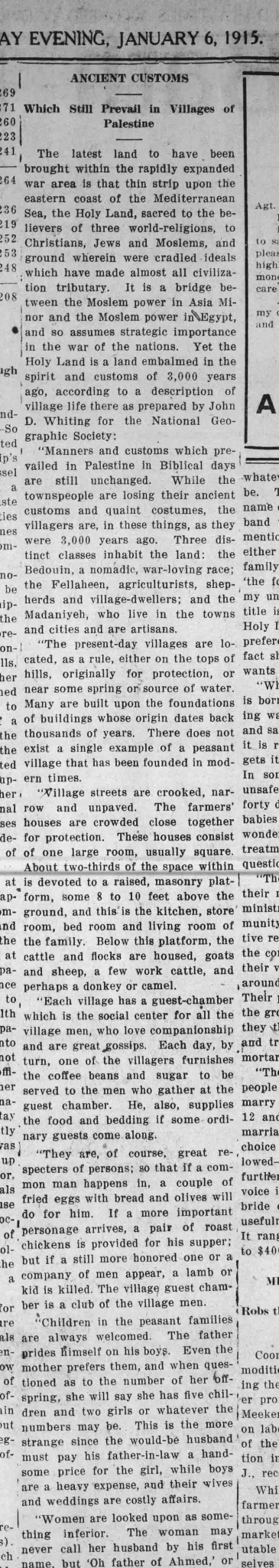 Ancient Customs Which Still Prevail in Villages of Palestine &mdash; The Times Record, 6 January 1915