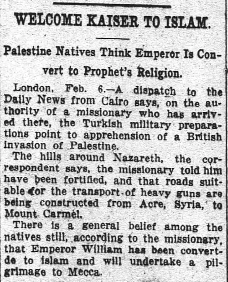 Welcome Kaiser to Islam &mdash; Washington Post, 7 February 1915