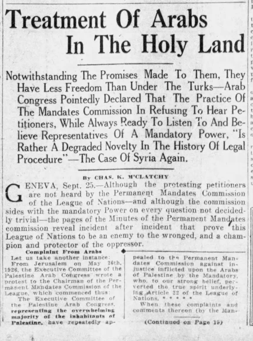 Treatment Of Arabs In The Holy Land &mdash; Fresno Bee, 15 October 1926